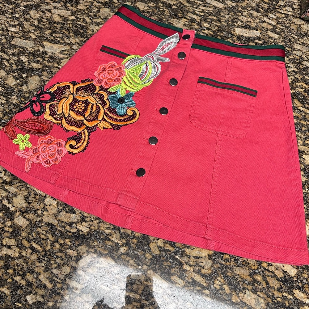 Pink Coral Mini Denim A-Line Skirt Web Trim and Appliqué Embellished - Size 8